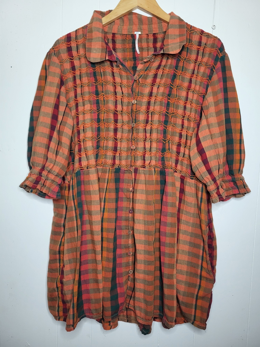 Free People Rust & Olive Plaid Smocked Button-Up Tunic